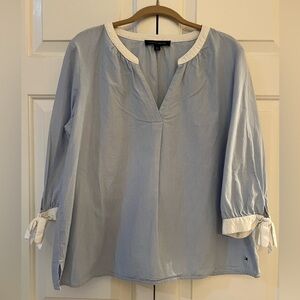 Tommy Hilfiger Light Blue Pinstriped Blouse with White Trim EUC Size M